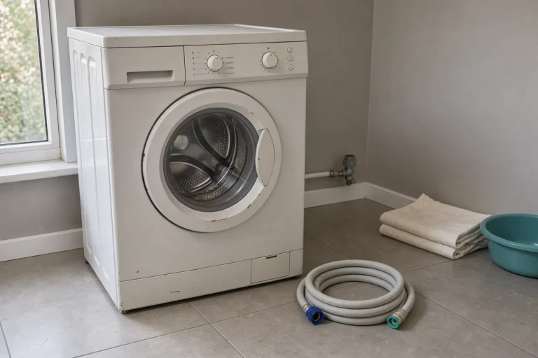 Gebruikte wasmachine met zichtbare gebruikssporen en een losse toevoerslang