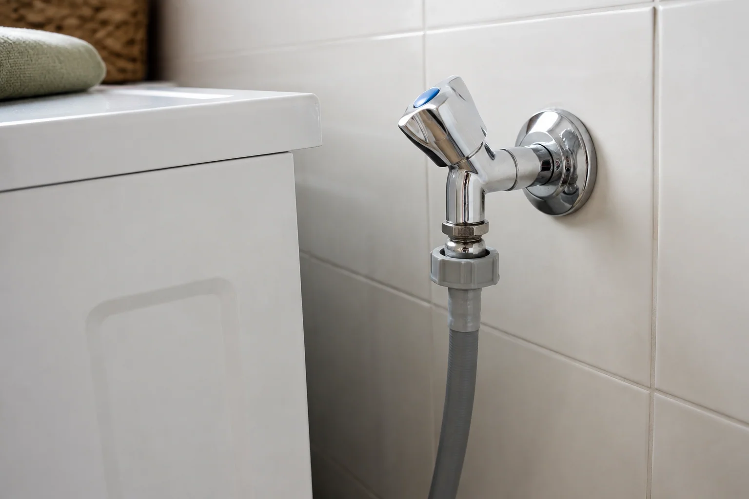 Watertoevoerslang aangesloten op een wasmachinekraan