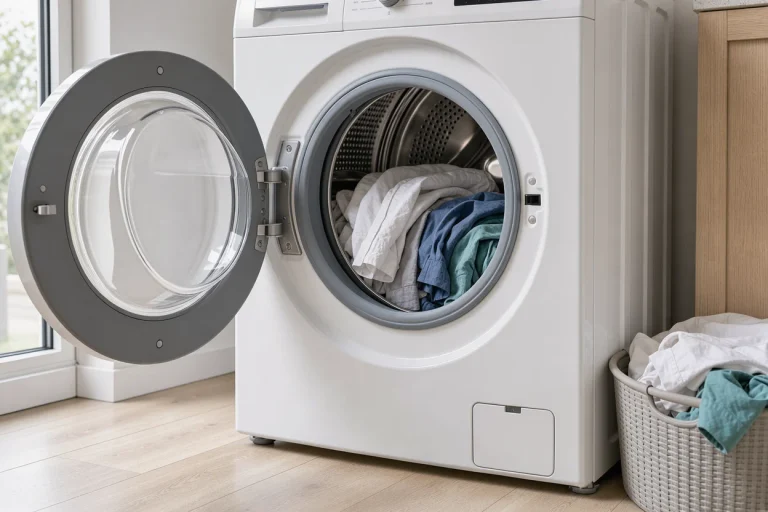 Kleine lading overhemden in een open wasmachinetrommel