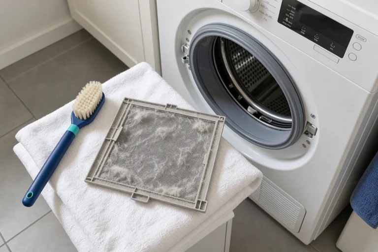 Pluizenfilter met pluis en een zachte borstel naast een wasdroger