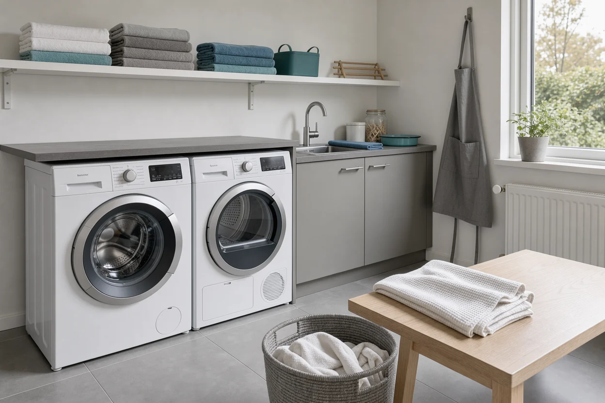Wasmachine en wasdroger naast elkaar onder een werkblad