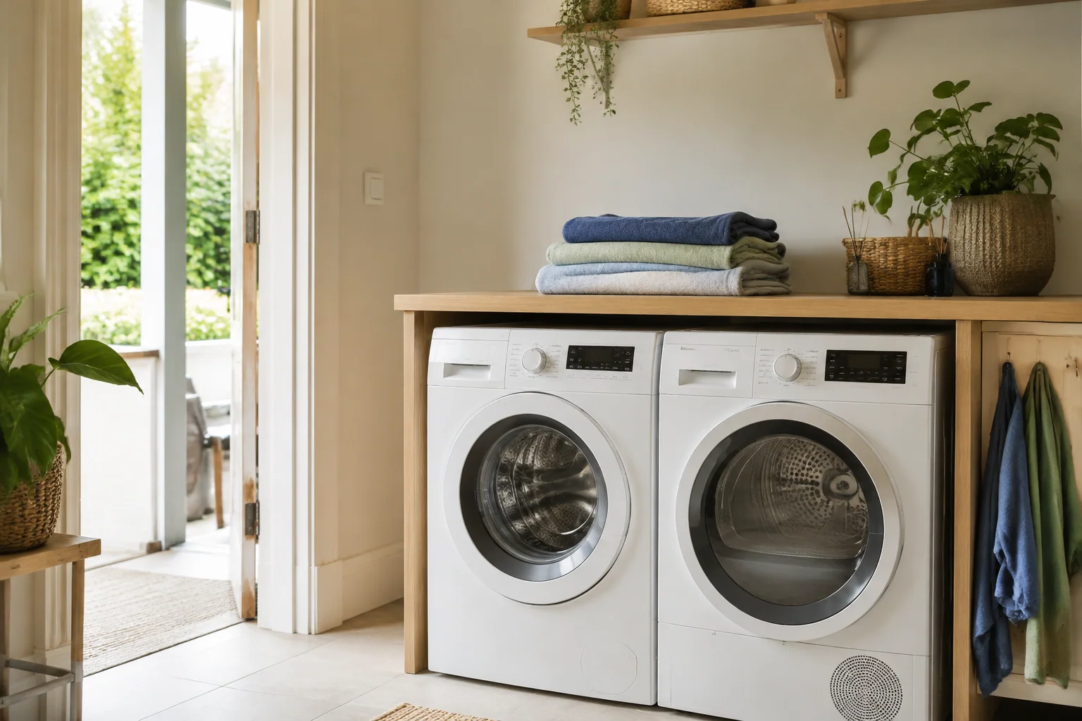 Lichte wasruimte met wasmachine, droger en opgevouwen was