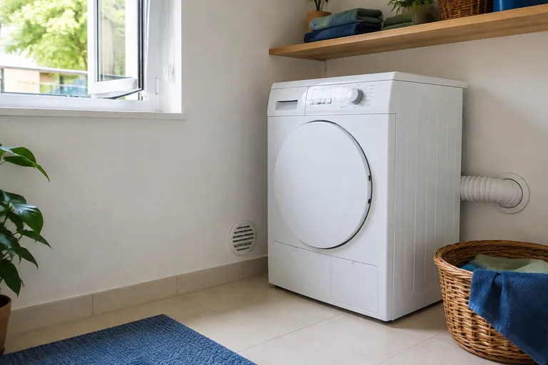 Wasdroger in een wasruimte met ventilatierooster en raam