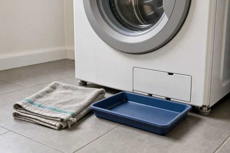 Lage opvangbak en handdoek voor het serviceklepje van een wasmachine
