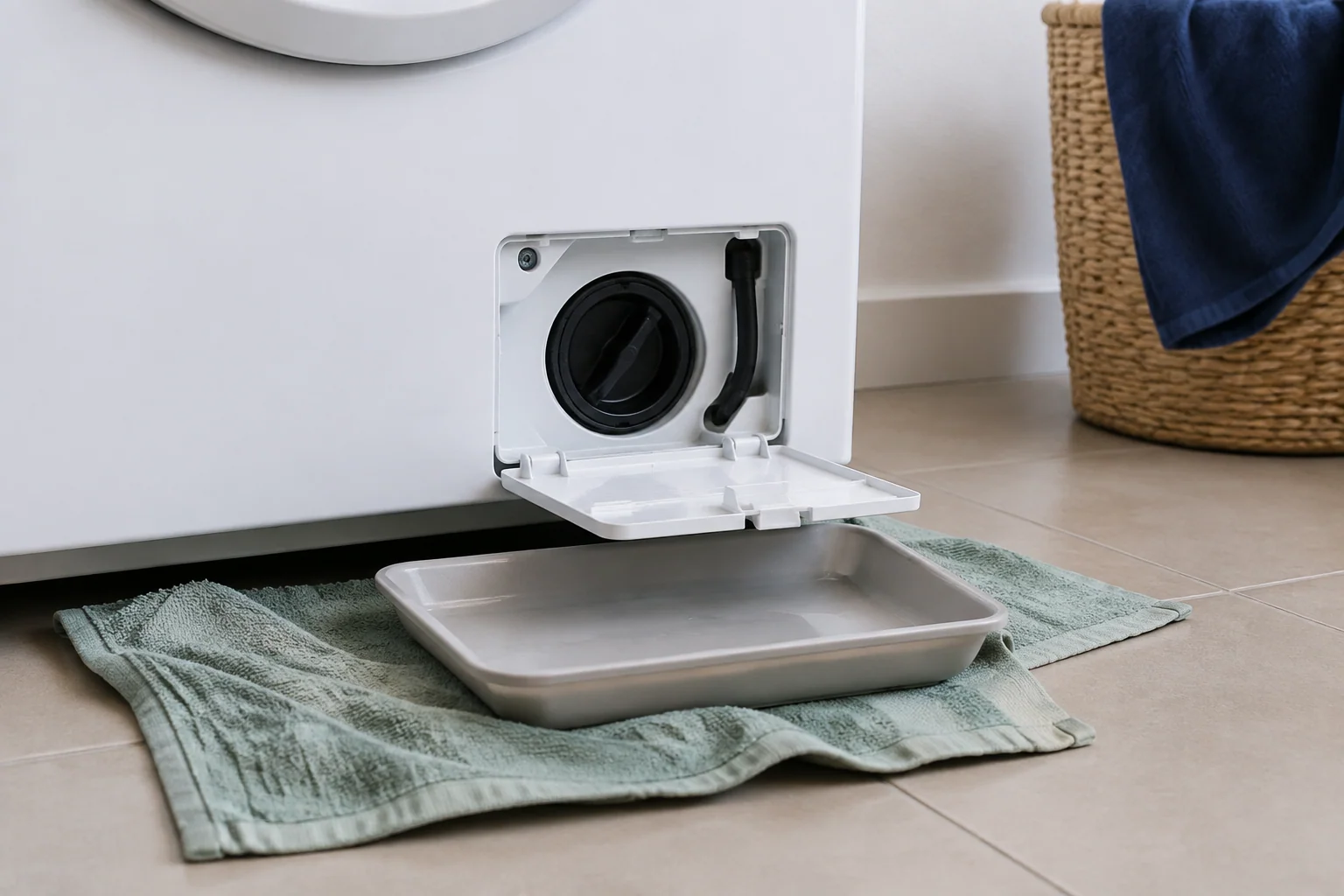 Opvangbak en doek bij het pompfilter van een wasmachine