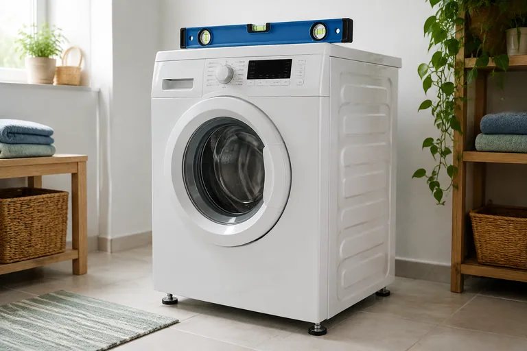 Waterpas op een wasmachine op een tegelvloer