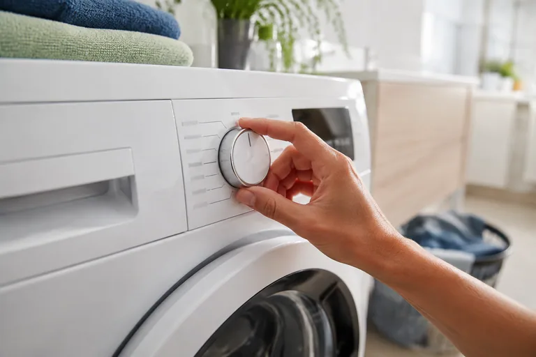 Hand bij de programmaknop van een wasmachine