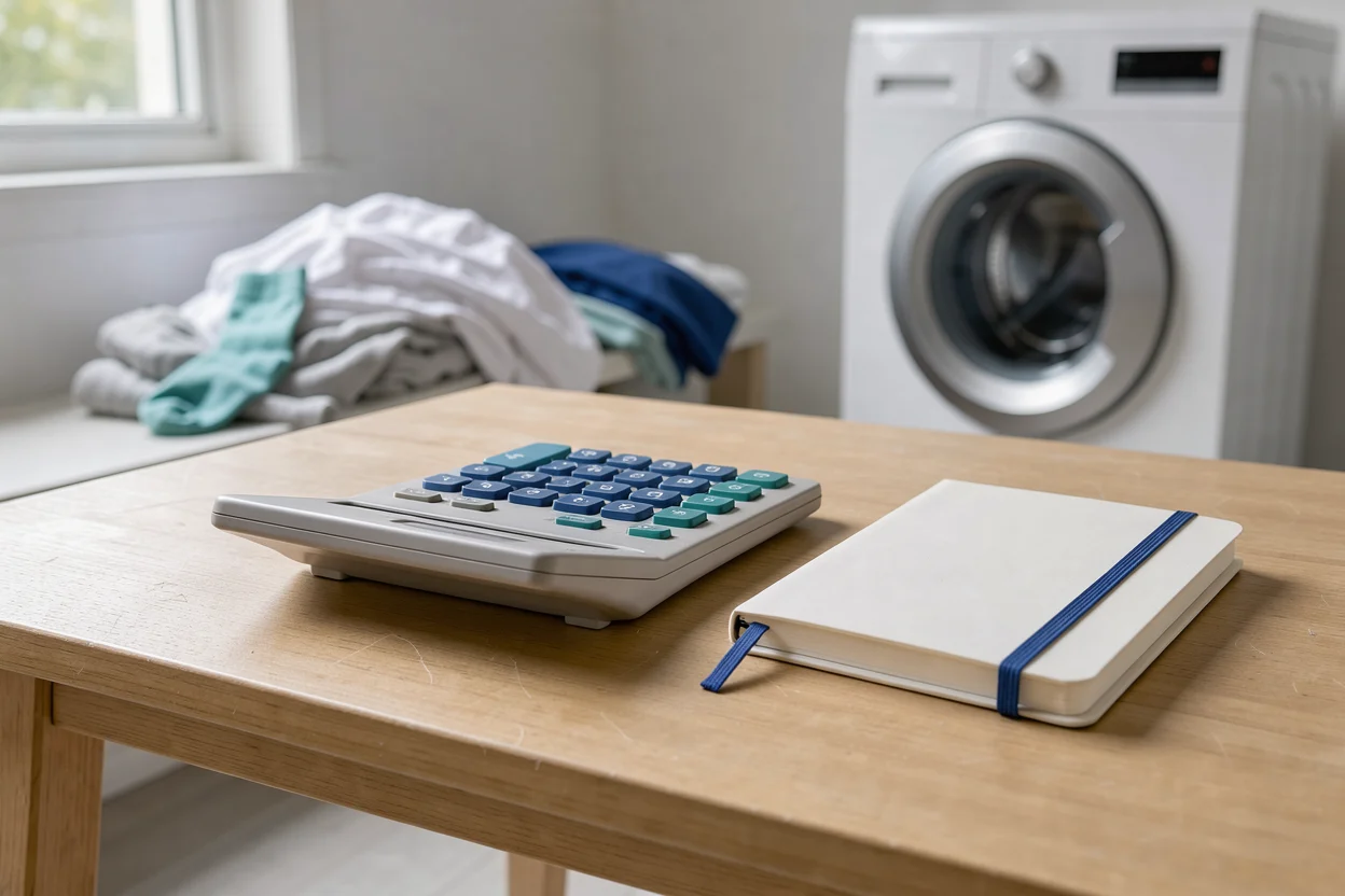 Rekenmachine bij een wasmand voor het berekenen van waskosten