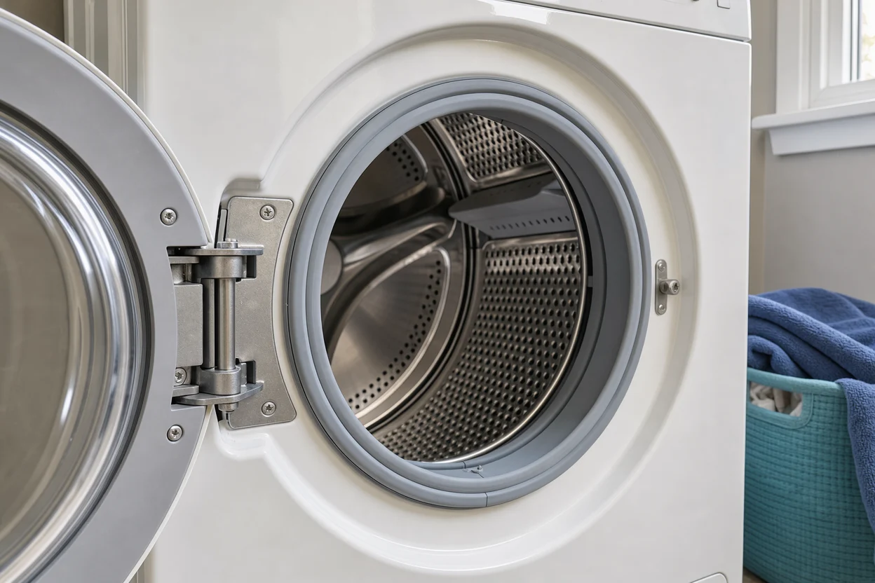 Scharnier en deuropening van een wasmachine van dichtbij