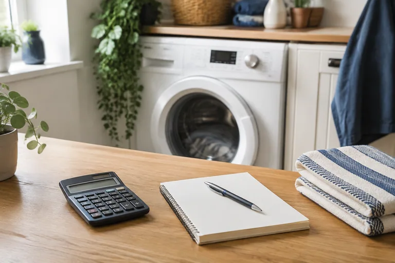Rekenmachine en notitieboek bij een wasapparaat