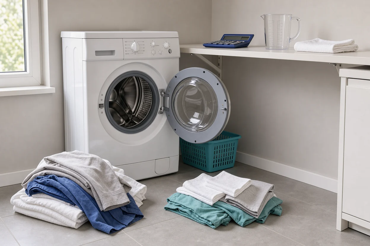 Katoenen was en maatbeker bij een wasmachine