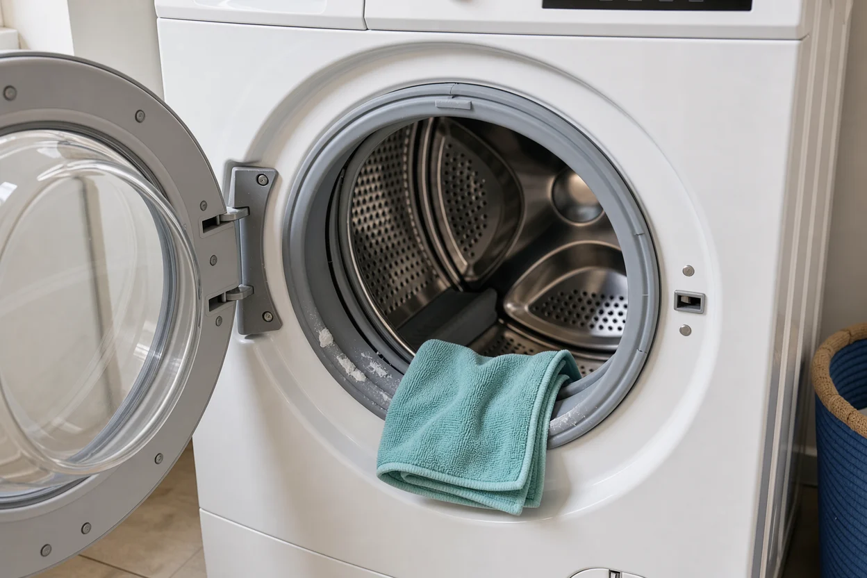 Deurrubber van een wasmachine met een zachte microvezeldoek