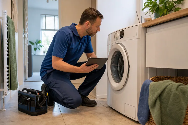 Monteur bekijkt een gesloten wasapparaat