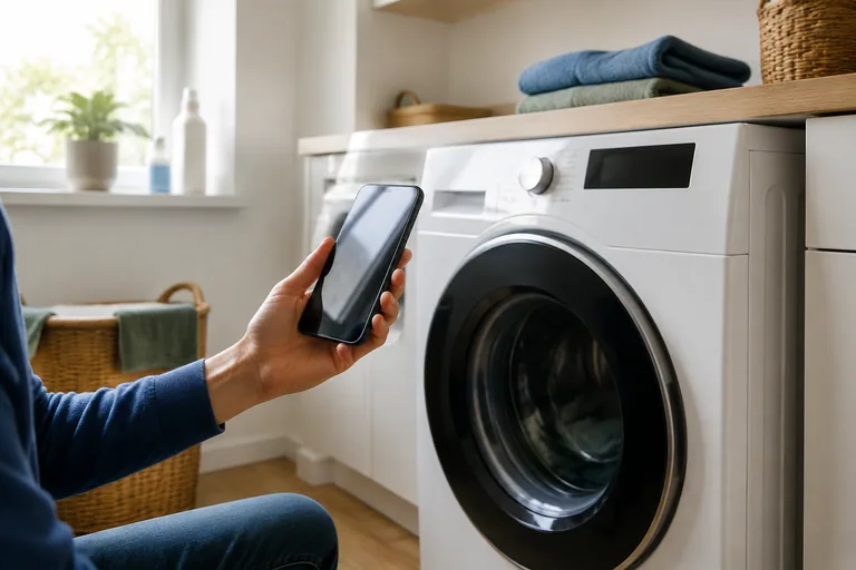 Smartphone in de hand naast een wasapparaat