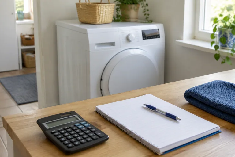 Rekenmachine en notitieboek bij een wasapparaat