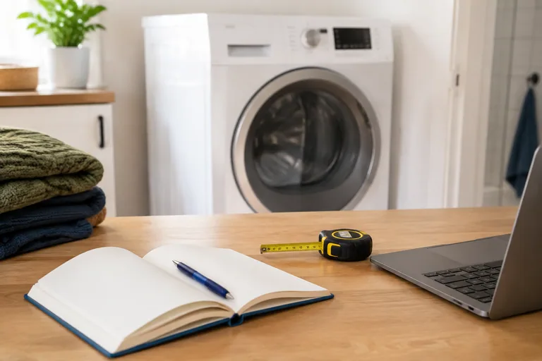 Notitieboek, meetlint en laptop in een moderne wasruimte