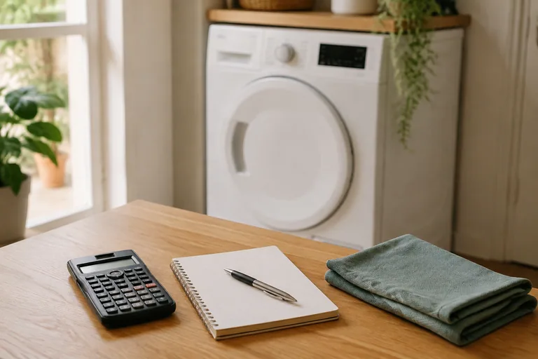 Rekenmachine en notitieboek bij een wasapparaat