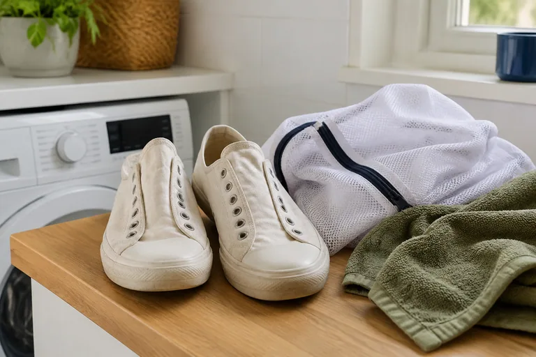 Stoffen schoenen naast een waszak en handdoek