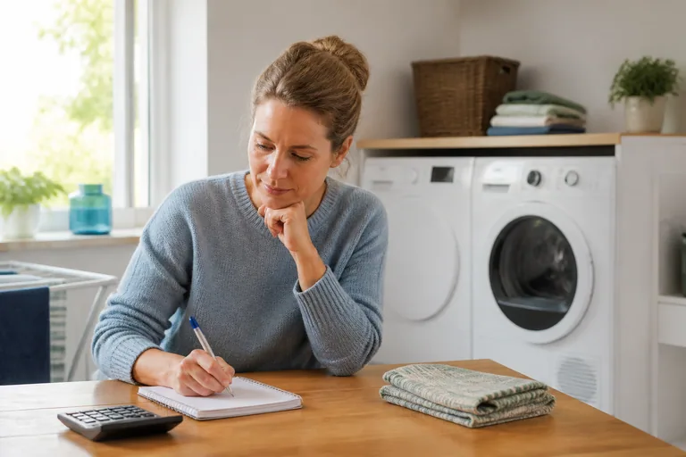 Rekenmachine en notitieboek bij een wasapparaat