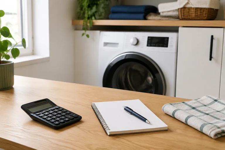 Rekenmachine en notitieboek bij een wasapparaat