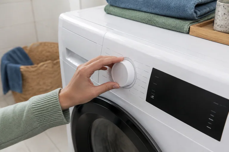 Hand bij de programmaknop van een wasmachine