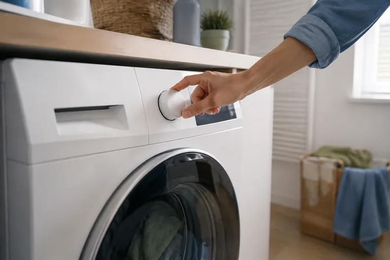 Hand bij de programmaknop van een wasmachine