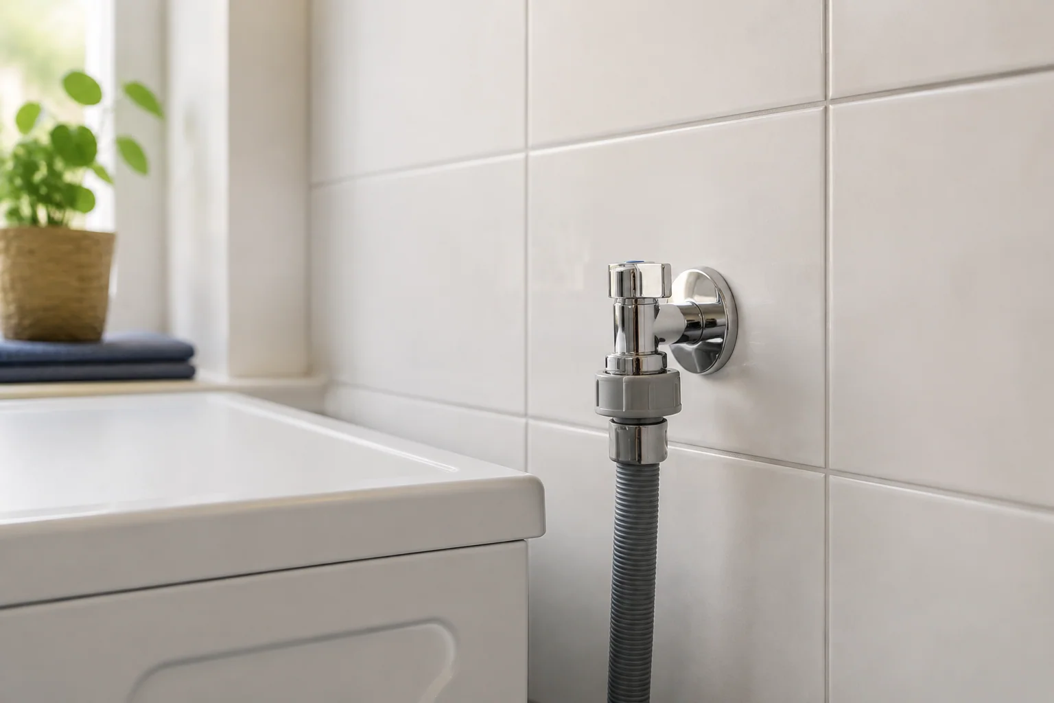 Watertoevoerslang aangesloten op een wasmachinekraan