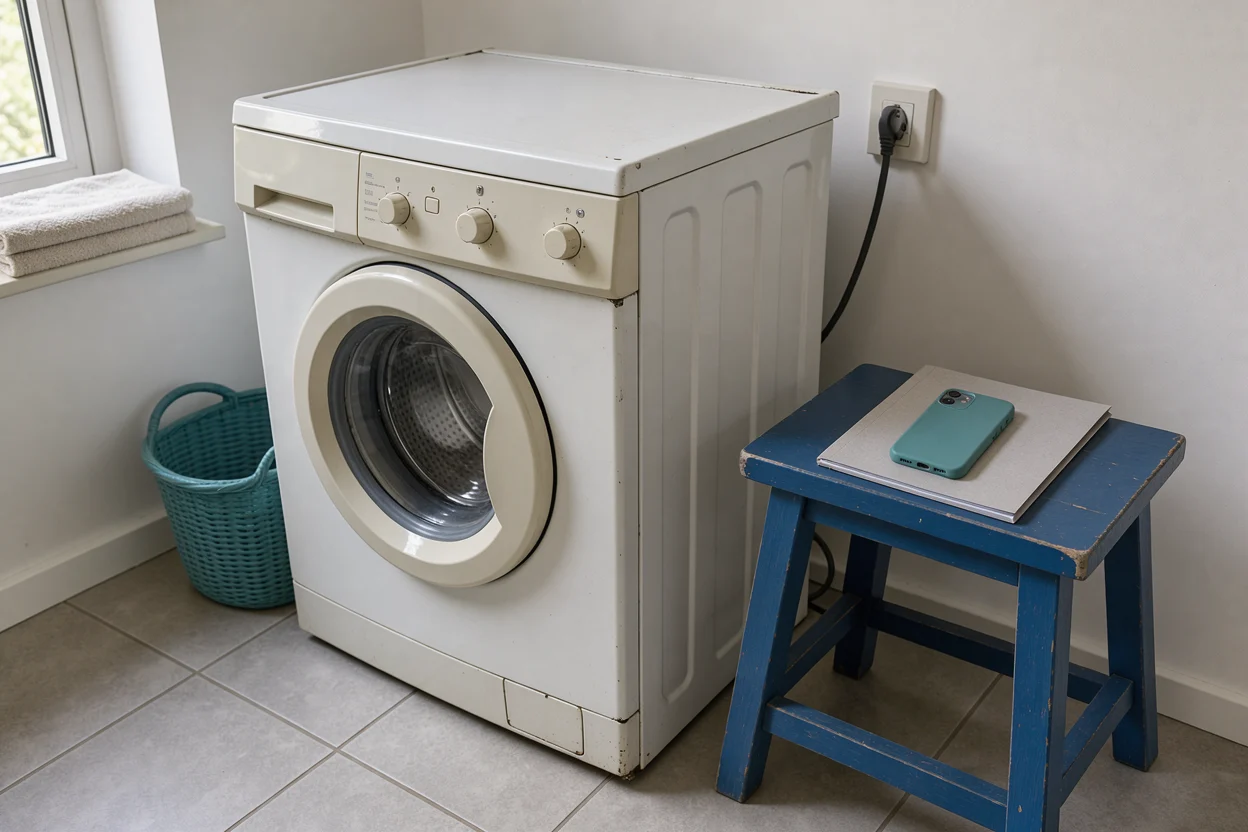 Een hand met een zaklamp bij de open deur en trommel van een wasmachine