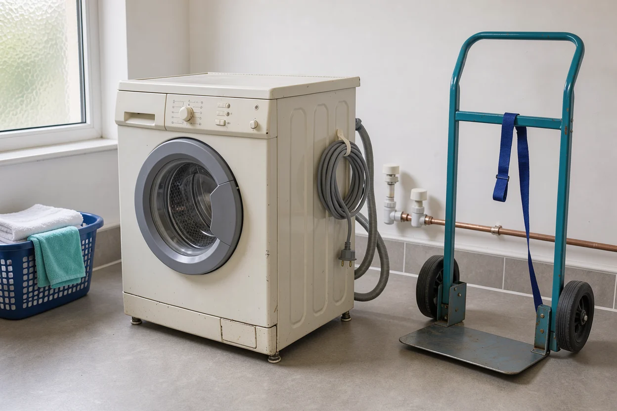 Oude wasmachine die klaarstaat om te worden afgevoerd