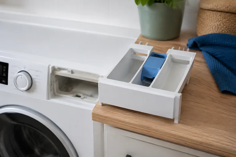 Uitgenomen wasmiddellade naast een wasmachine