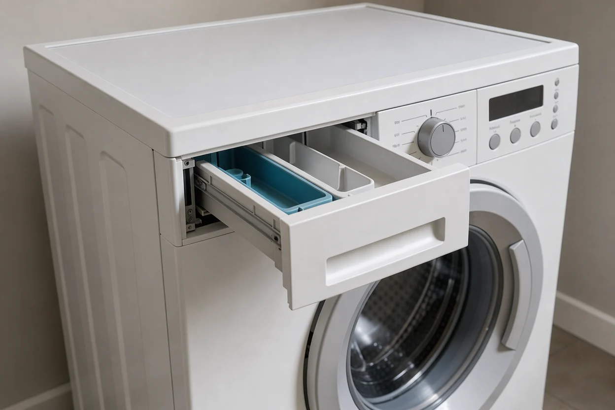 Half geopende wasmiddellade in een intacte wasmachine
