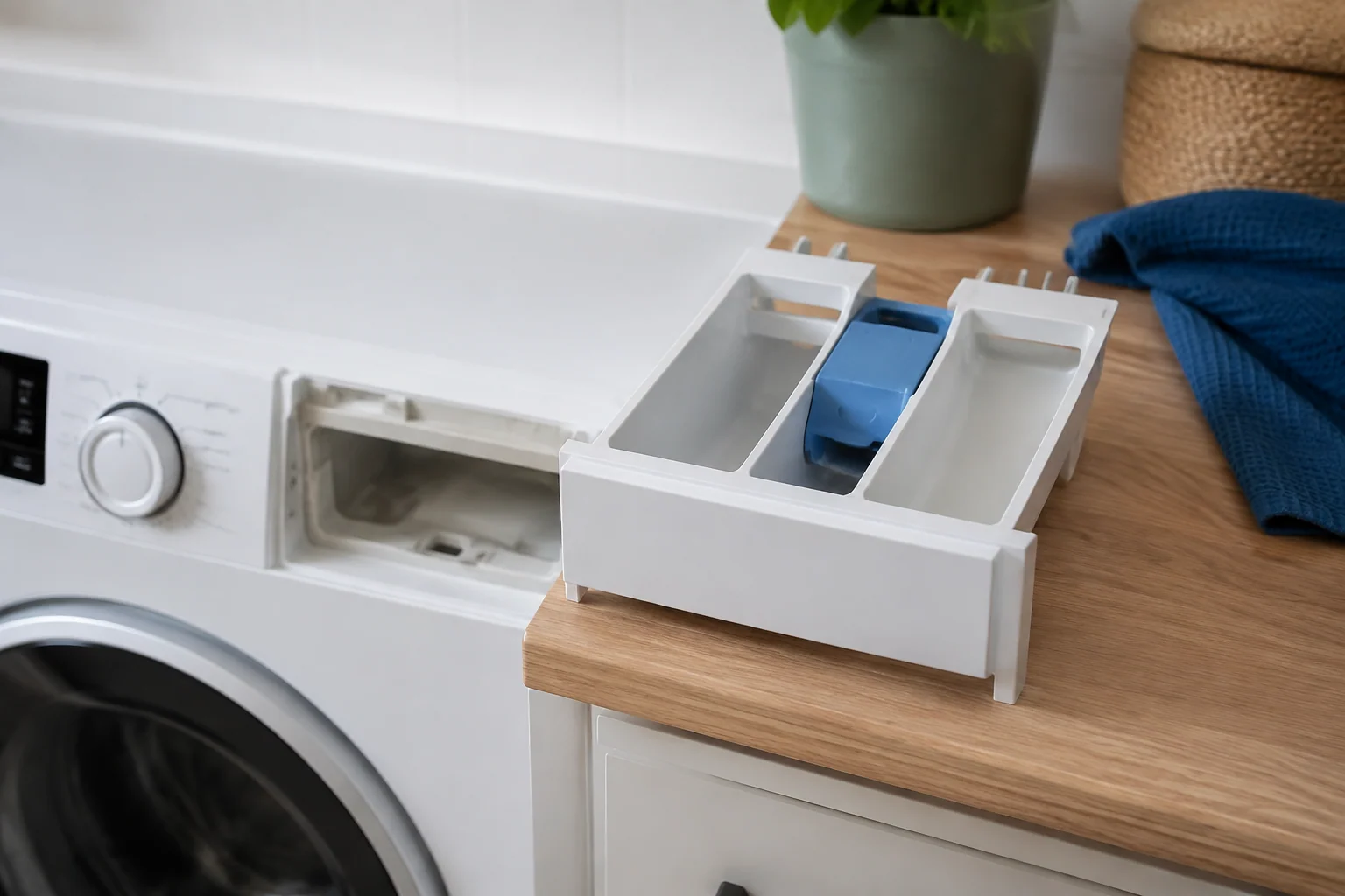 Uitgenomen wasmiddellade naast een wasmachine