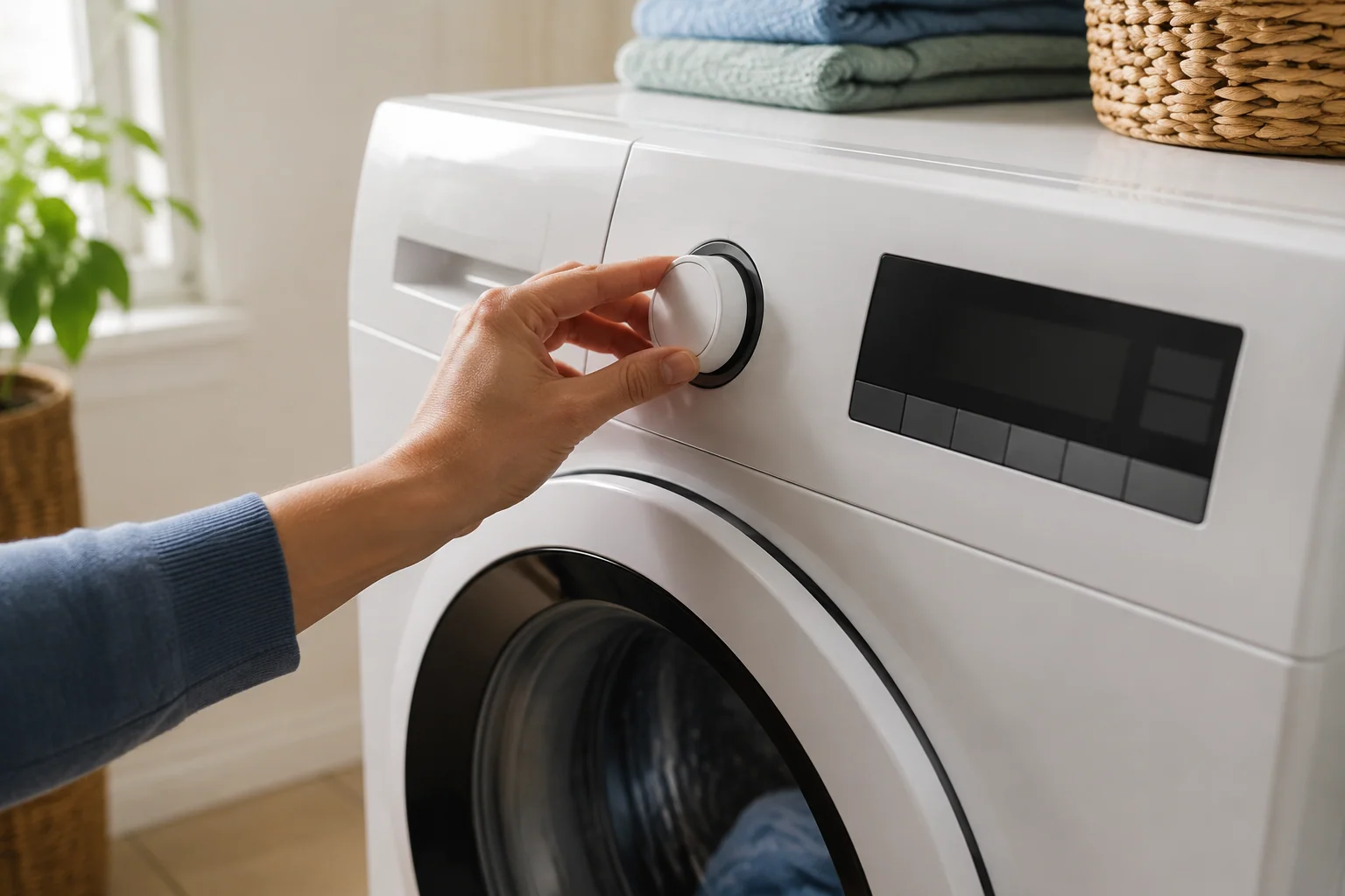Hand bij de programmaknop van een wasmachine