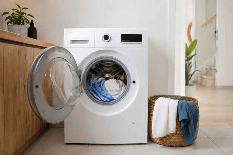 Katoenen wasgoed in een open wasmachinetrommel