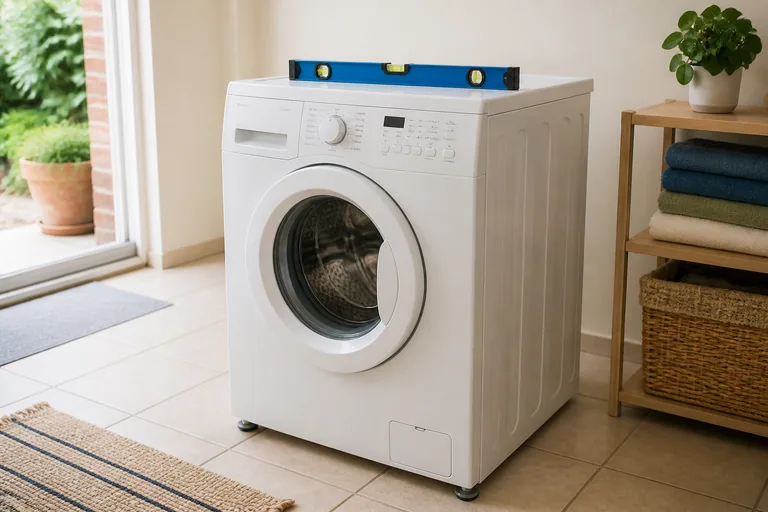 Waterpas op een wasmachine op een tegelvloer