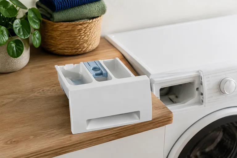 Uitgenomen wasmiddellade naast een wasmachine