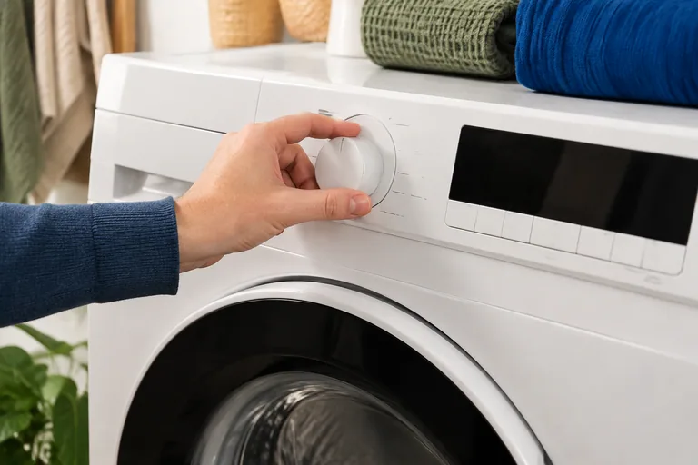Hand bij de programmaknop van een wasmachine