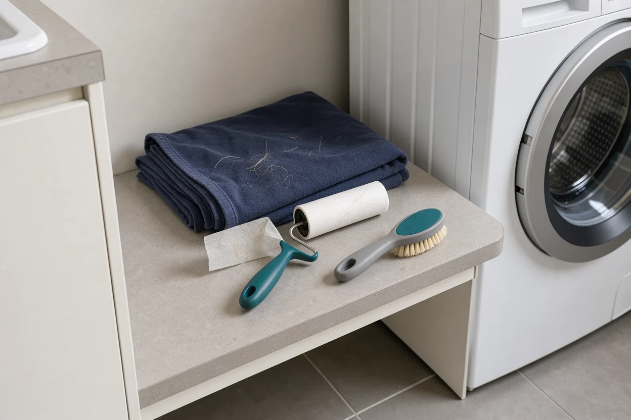 Hondenharen op een kleed met kledingroller en borstel
