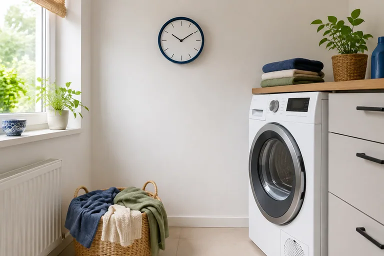 Klok en kleine wasmand in een lichte wasruimte
