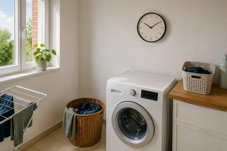 Klok en kleine wasmand in een lichte wasruimte