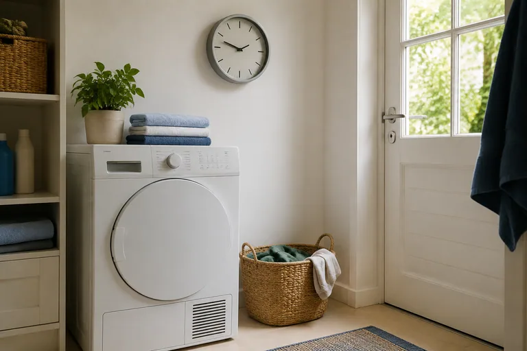 Klok en kleine wasmand in een lichte wasruimte