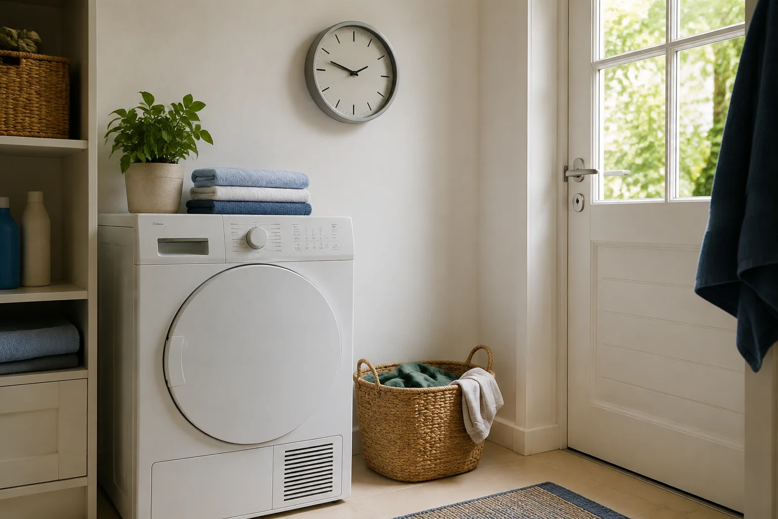 Klok en kleine wasmand in een lichte wasruimte