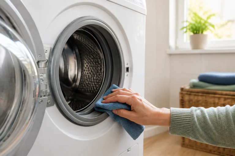 Hand met doek bij het deurrubber van een wasmachine