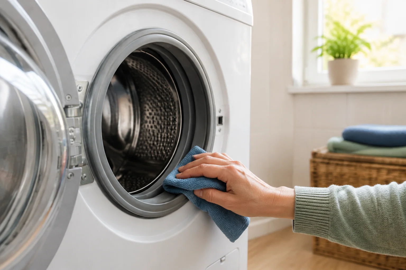 Hand met doek bij het deurrubber van een wasmachine