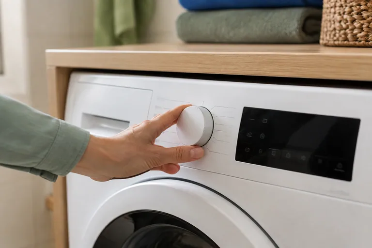 Hand bij de programmaknop van een wasmachine