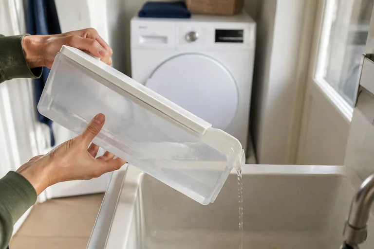 Water uit het condensreservoir van een droger wordt in een gootsteen gegoten