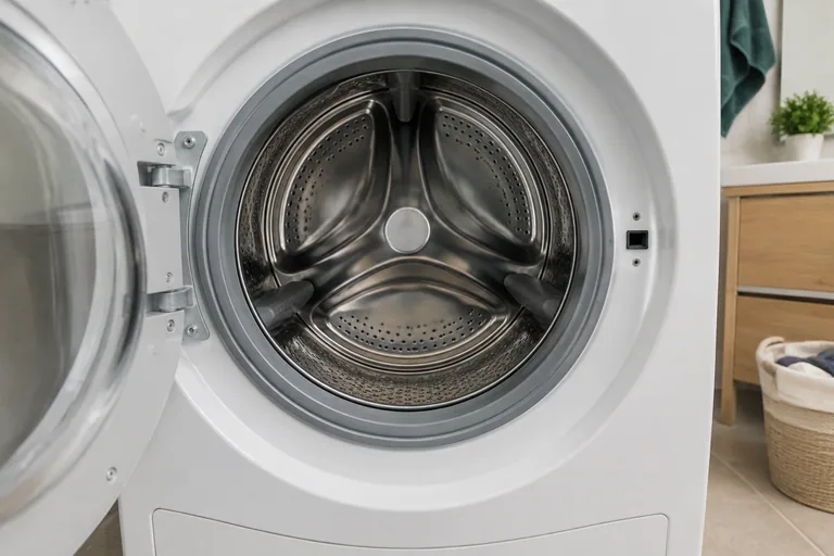 Detail van een roestvrijstalen wastrommel