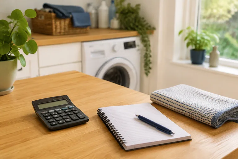 Rekenmachine en notitieboek bij een wasapparaat