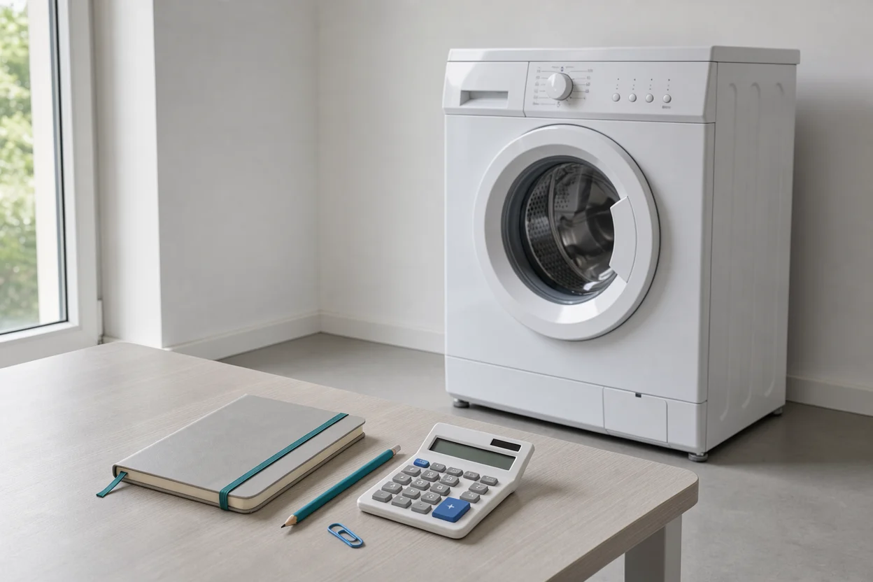 Rekenmachine en notitieboek bij een wasmachine