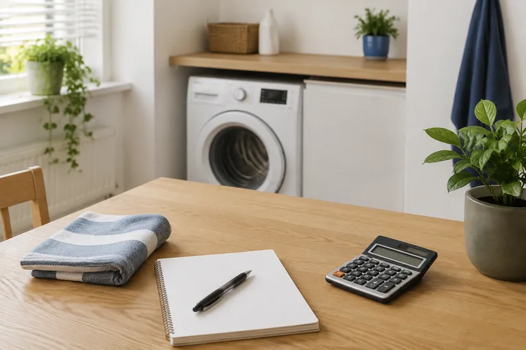 Rekenmachine en notitieboek bij een wasapparaat